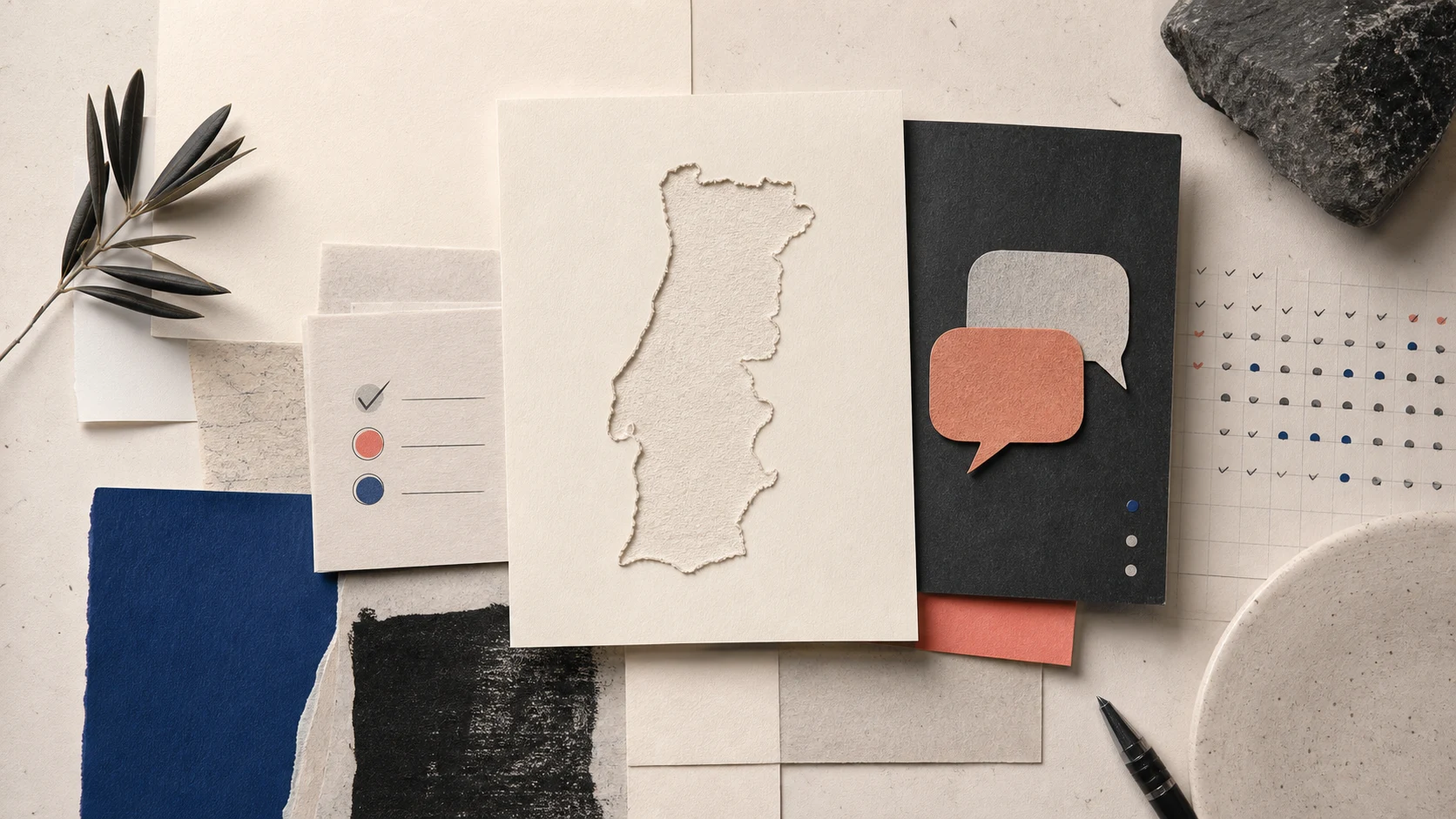 Composição editorial em papel com o mapa de Portugal, cartões de inquérito e símbolos de conversa