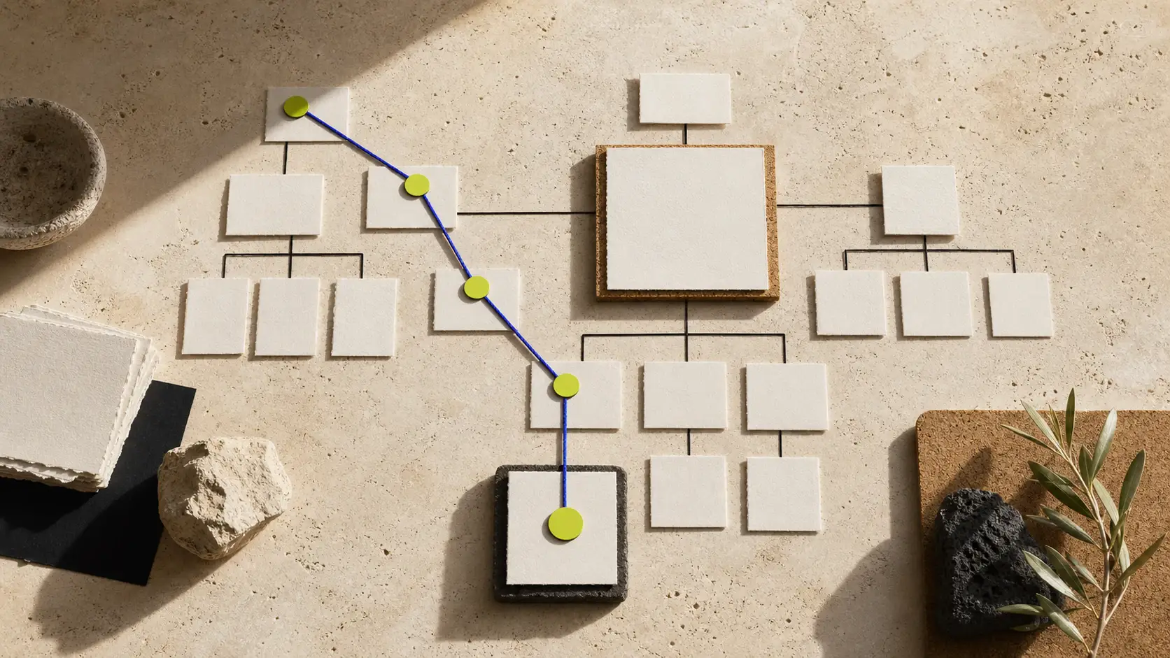Composição editorial tátil com cartões de papel, ligações pretas e um percurso azul que representa a arquitetura de conteúdo SEO